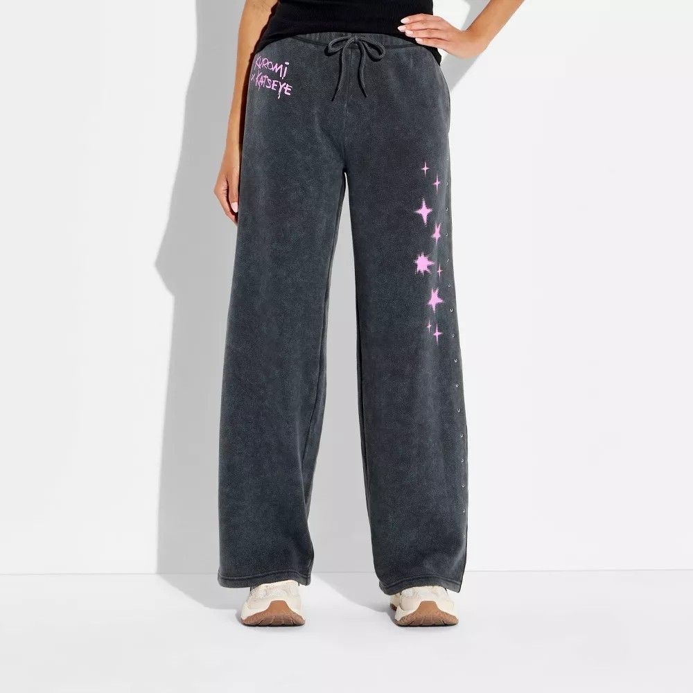 Kuromi x KATSEYE Sweatpants Womens Medium Washed Black Wide Leg Pink Stars New
